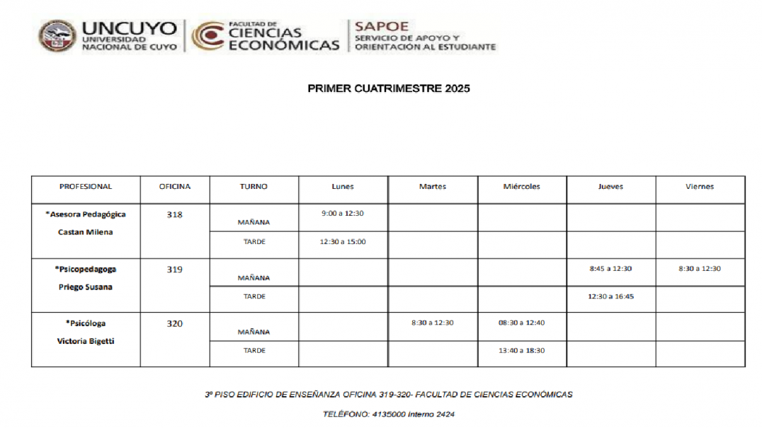 imagen Horarios SAPOE Sede Central