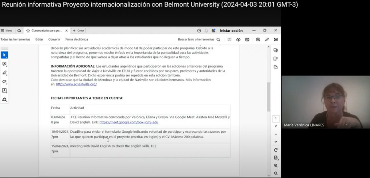 imagen Reunión Informativa sobre la Convocatoria para participar de proyecto de intercambio estudiantil con estudiantes de la Universidad de Belmont, Nashville, USA - Mayo 2024