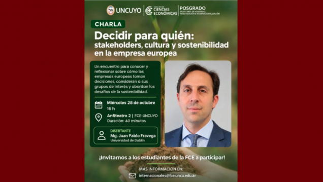 imagen Un egresado de la UNCUYO, que desarrolla su trayectoria en Dublín, brindará charlas sobre sostenibilidad y gestión empresarial europea