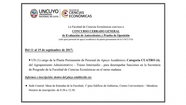 imagen Concurso cerrado: cargo de la Planta Permanente de Personal de Apoyo Académico, Categoría CUATRO (4)