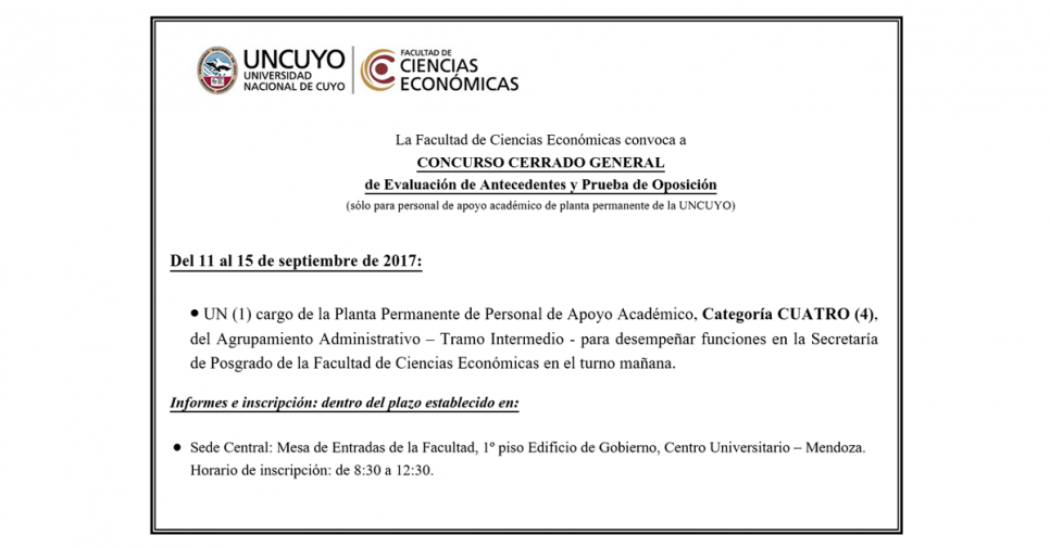 imagen Concurso cerrado: cargo de la Planta Permanente de Personal de Apoyo Académico, Categoría CUATRO (4)