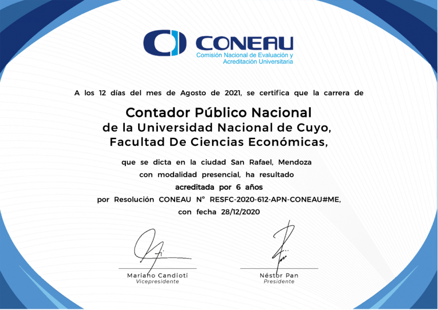 imagen  La FCE recibió los certificados de acreditación de la carrera de Contador Público Nacional ante la CONEAU por el máximo plazo 
